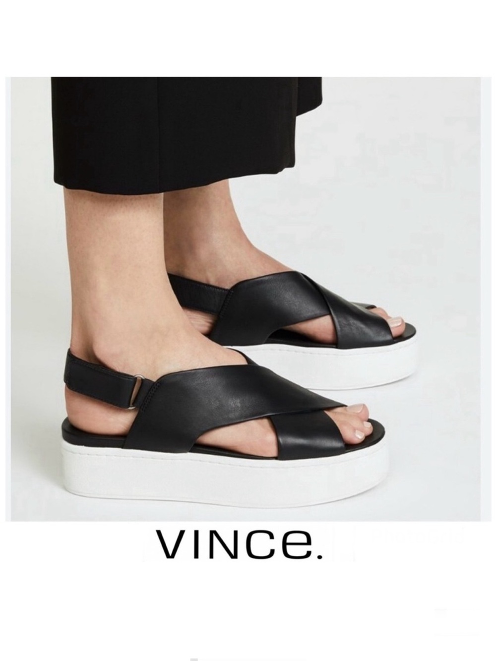 VINCE Weslan Black Leather White Trim Platform Open Toe Slingback Sandals Sz 7.5